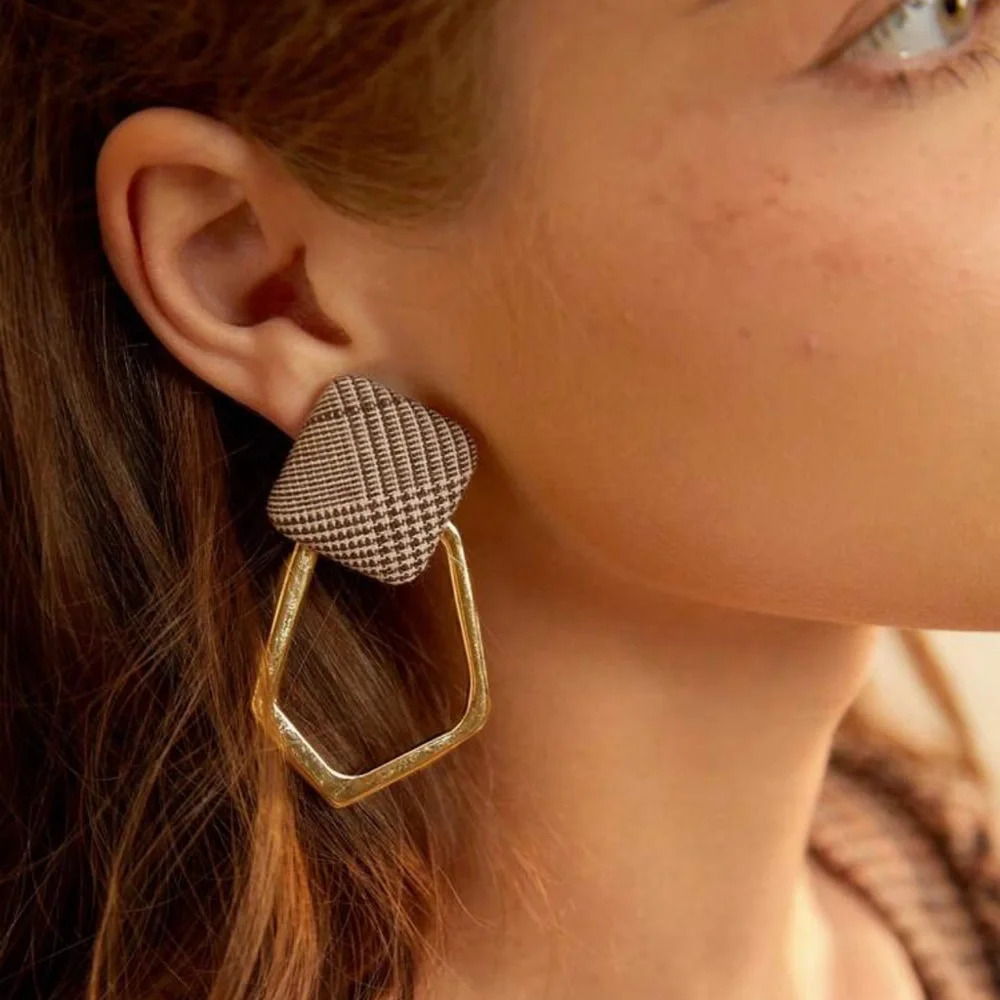 2/$30๐ต Houndstooth Tweed Plaid Irregular Geo Shape Gold Earrings Jewelry NEW